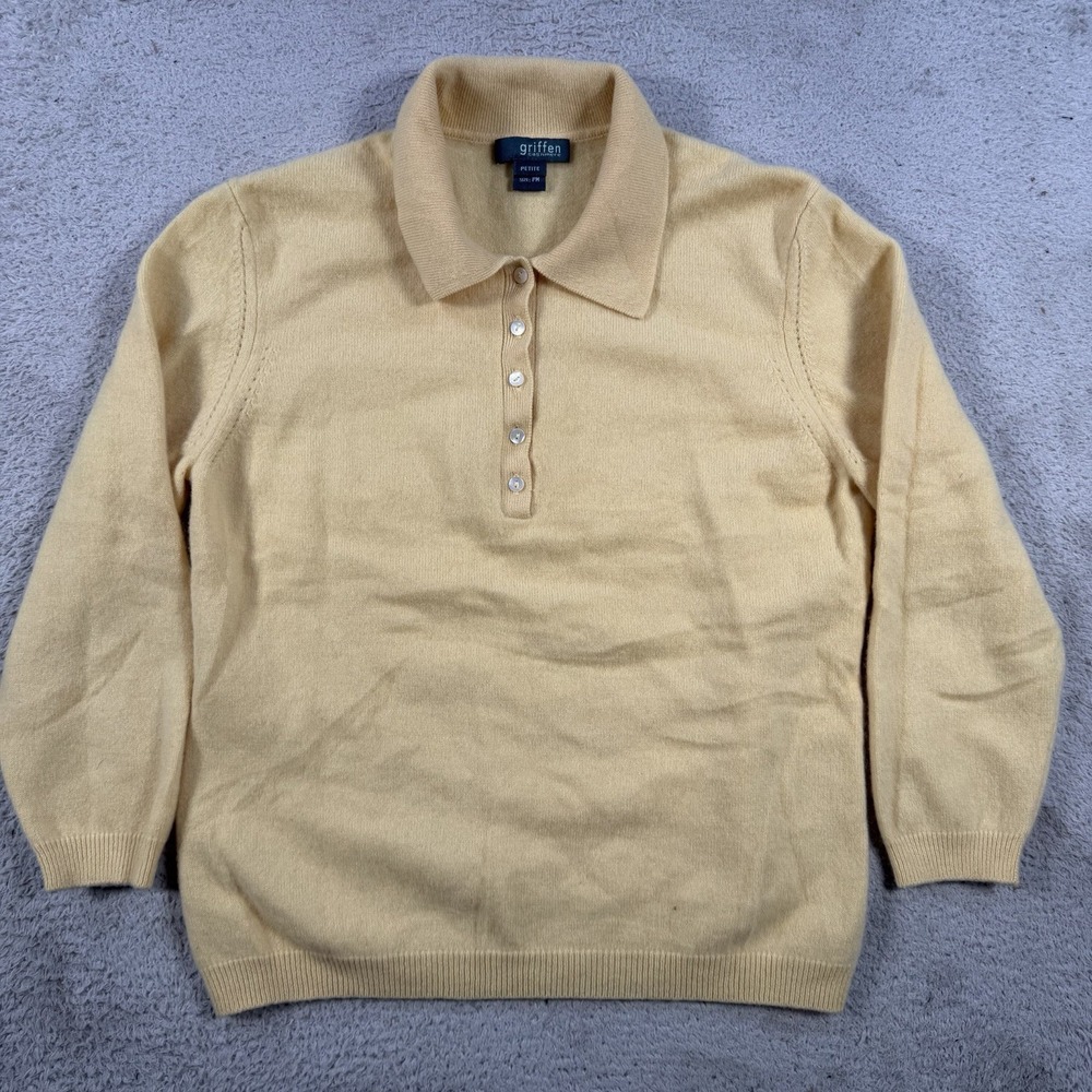 Griffen Sweater Polo Womens Medium Petite Yellow 100% Cashmere Collared Soft